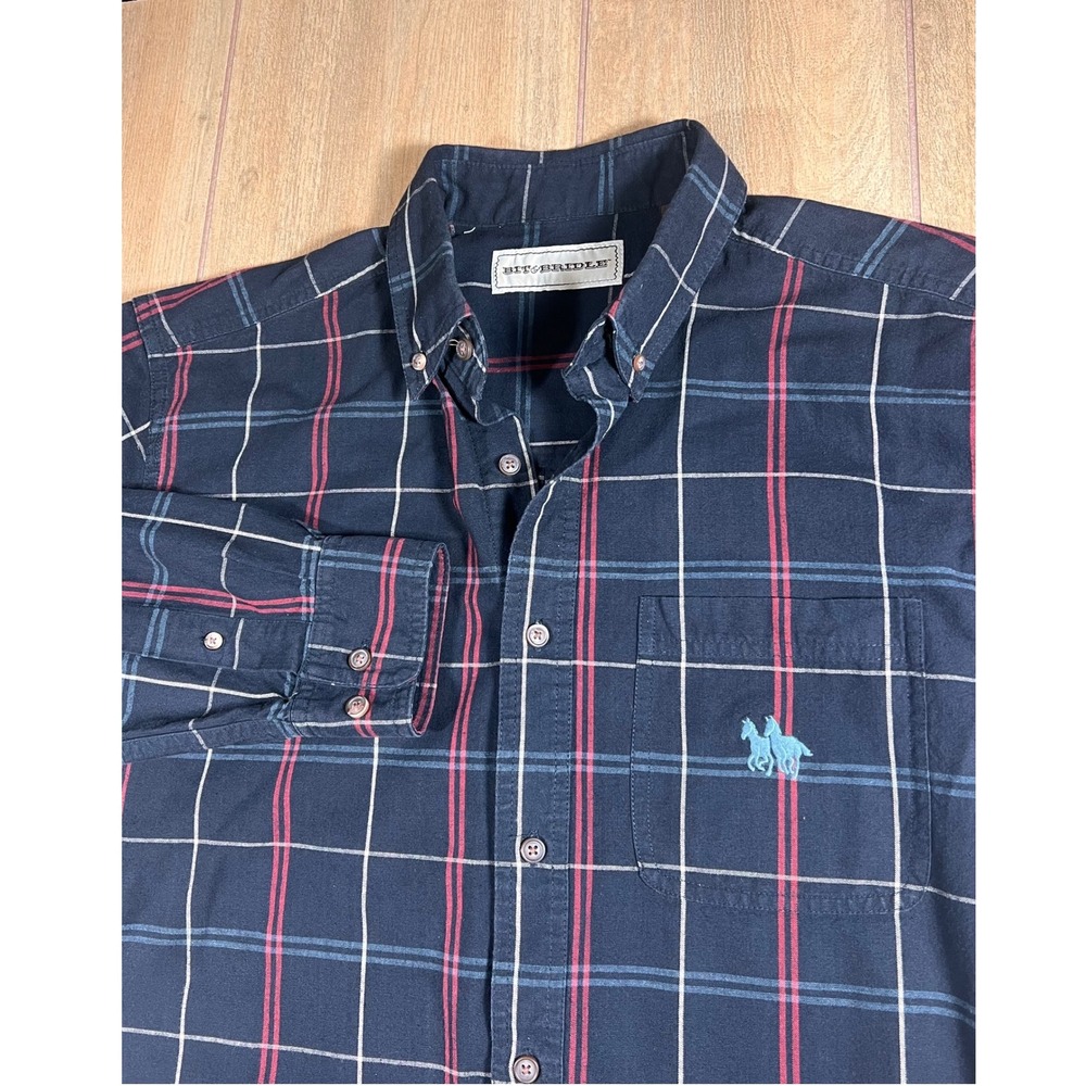 Bit & Bridle Mens Plaid Button Down Long Sleeve Blue‎ Red White Classic Fit M